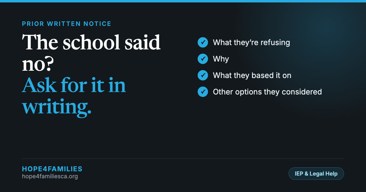 What Prior Written Notice must include when the school says no to an IEP request, from Hope4Families